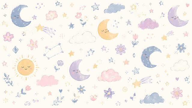 Seamless pattern with cute sleeping moons, stars, clouds and flowers vector background for children