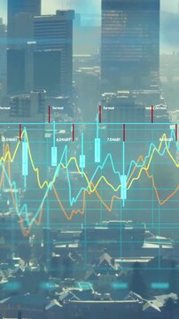 Analyzing financial data, animation over cityscape with skyscrapers and residential buildings
