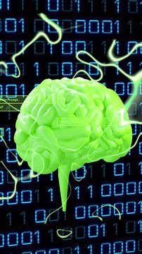Green brain animation over binary code background with electric currents