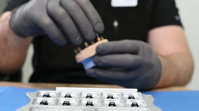 Close-up of a doctor&rsquo;s gloved hands tightening a dental implant component with a surgical instrument, detailed dental procedure, jaw model and implant placement.