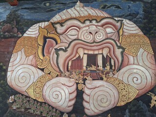 Mural at Wat Phra Kaew depicting the monkey god Hanuman, in Bangkok, Thailand. © Roberto