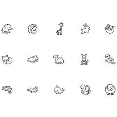 Naklejka premium Cute Animal Outline Icon Set – Elephant, Hedgehog, Giraffe, Rabbit and More