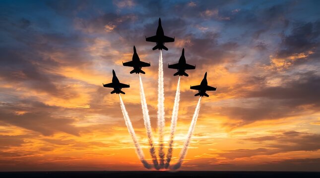 Four jet aircraft perform a diamond formation aerial display against a vibrant sunset