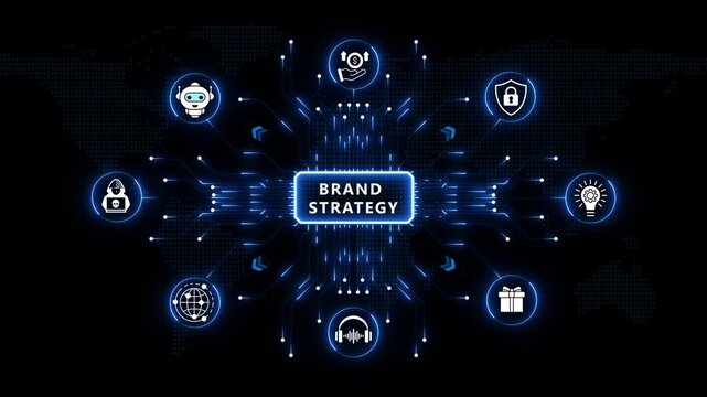 Brand Strategy framework featuring glowing technical icons on radial blue light network nodes across a dark world map cyberspace backdrop visual.