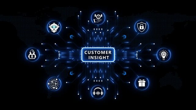 Customer Insight research strategy with connected glowing tech symbols and blue light beams set on a dark global map background technology frame.