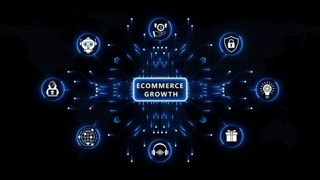 Ecommerce Growth concept with glowing radial tech icons and circuit light beams set across a dark global map cyberspace network background.