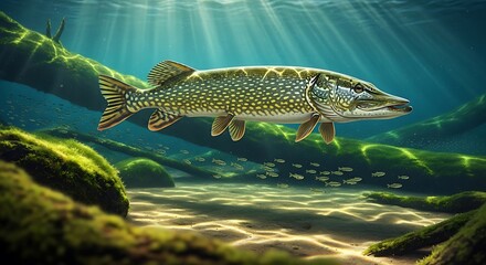 Fototapeta premium Northern pike swimming underwater in a freshwater river with sunlight