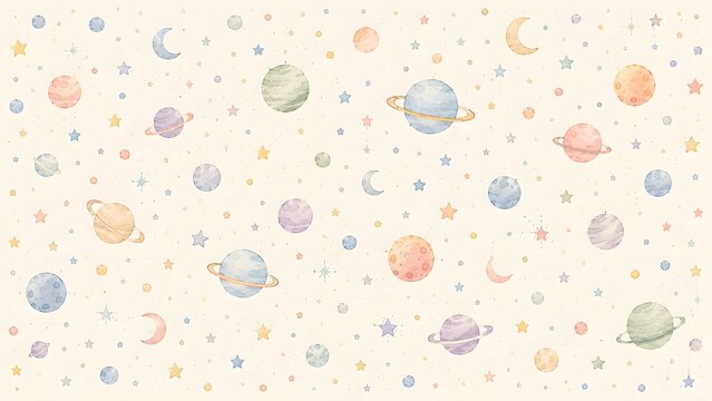 Watercolor space pattern with cute planets, stars, and moon