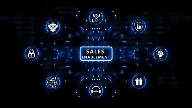Sales Enablement strategy visual frame surrounded by glowing radial tech symbols and blue light nodes over an abstract dark world map backdrop.