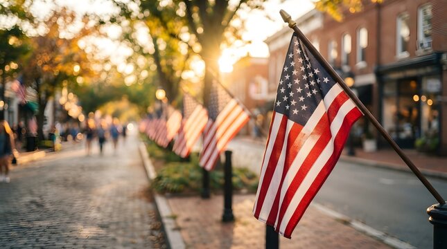 American flags line a sunlit street in a charming small town during a patriotic celebration