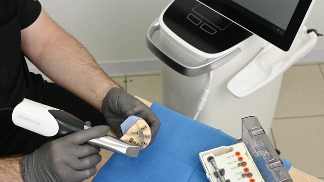 A dental technician uses a 3D optical scanner to digitize a physical dental model, transferring precise three-dimensional data to a computer for digital dental design and CAD CAM manufacturing no face