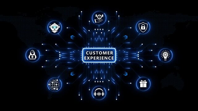 Customer Experience concept with radial glowing tech icons and blue light beams set on an abstract dark global map cyberspace backdrop frame.