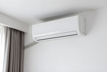 Home cooling and climate control, modern white air conditioner unit installed on a clean wall in a residential room