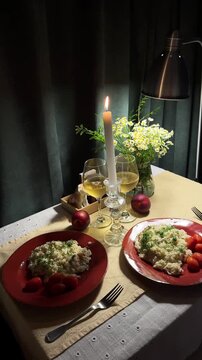 Close-up of a set table with a tablecloth, dinner, a candle in a glass candlestick, surrounded by plates; and dinner table setting; homey atmosphere
