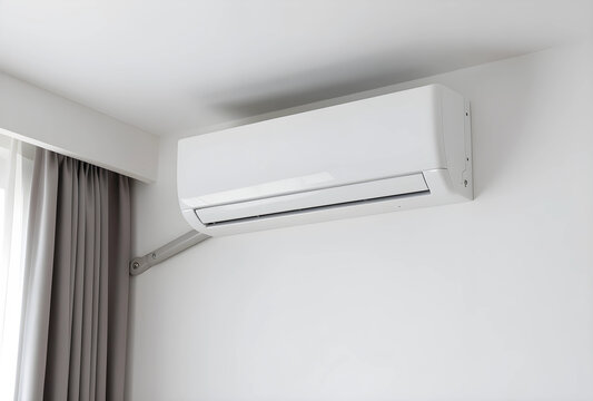 Home cooling and climate control, modern white air conditioner unit installed on a clean wall in a residential room
