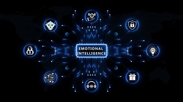 Emotional Intelligence leadership theme surrounded by glowing radial tech symbols and blue light nodes over an abstract dark world map backdrop.