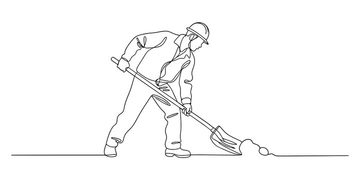 Construction worker wearing a hard hat digging with a shovel in a continuous line