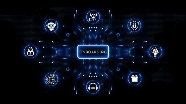 Onboarding process framework with connected glowing radial tech symbols and neon blue light beams across an abstract dark world map backdrop.