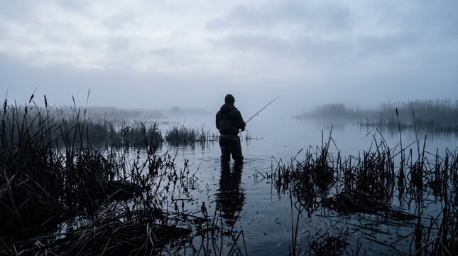 Silhouette of a lone fisherman standing in a misty lake at dawn for fishing wallpaper.