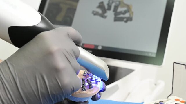 Preparation for installation of dental implants, implantation uses 3D optical scanner to digitize physical dental model, transferring precise three-dimensional data to computer for digital design