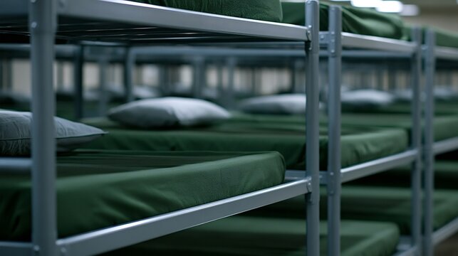 Rows of empty metal bunk beds with green mattresses and grey pillows creating a stark, uniform sleeping arrangement in a large communal room, suggesting institutional or temporary housing