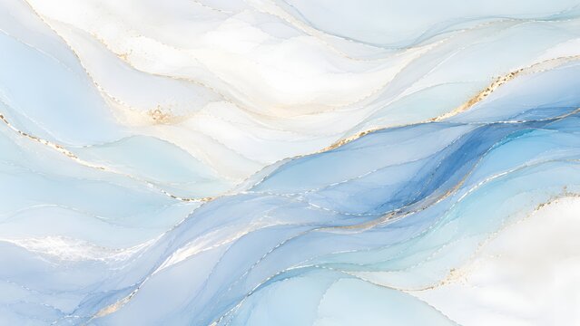 Abstract fluid art background with flowing waves of pastel blue and white, accented with delicate golden lines resembling marble veins