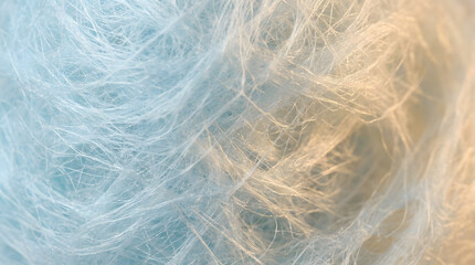 Obraz premium Soft blue cotton candy texture macro | Ethereal blue and gold fibrous background | Abstract pastel sugar candy close up | Whispy blue texture with golden light