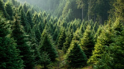 Fototapeta premium Lush christmas trees in a forest setting, symbolizing holiday spirit and nature. 