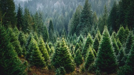 Fototapeta premium Lush christmas trees in a forest setting, symbolizing holiday spirit and nature. 