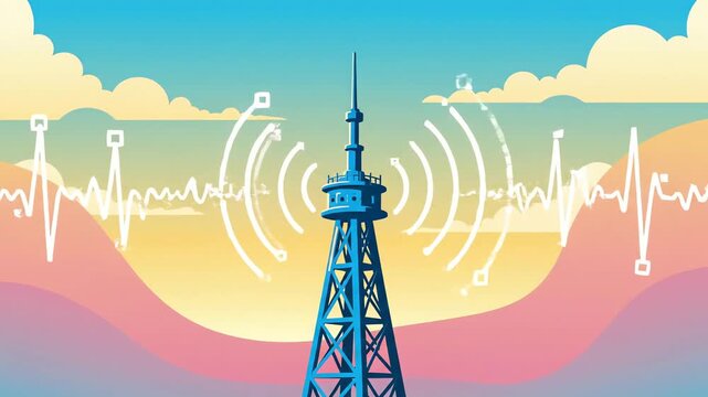Blue radio tower transmitting signal waves over colorful landscape