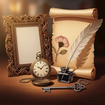 Vintage writing set with pocket watch and ornate gold frame