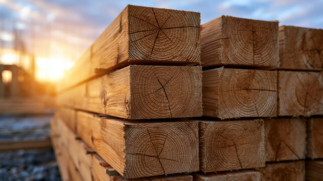 Stack of lumber at a construction site during golden hour with warm sunlight.