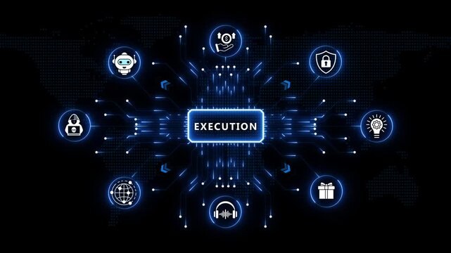 Execution strategy visual theme surrounded by glowing radial tech symbols and blue circuit rays over an abstract dark world map backdrop.