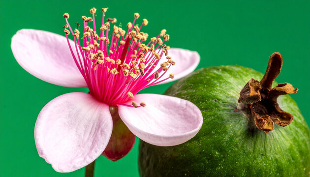 Macro close up of pink feijoa bloom with red stamens alongside fresh green pineapple guava fruit on green background, vibrant botanical botanical garden concept for exotic flora design.