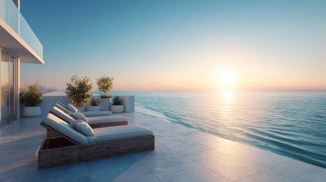 Luxurious terrace with ocean view at sunset. Modern apartment balcony with lounge chairs. Relaxing seaside scene at luxury hotel
