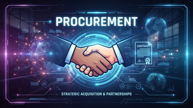 Digital procurement concept with handshake and futuristic technology elements