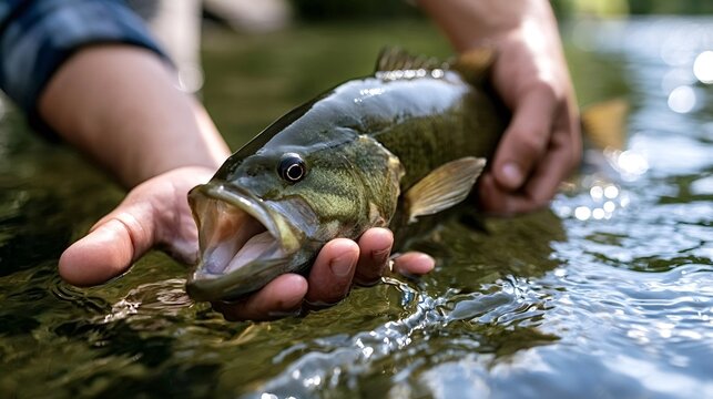 Angler's hands carefully holding a smallmouth bass in clear river water, practicing catch and release during an outdoor sport fishing activity