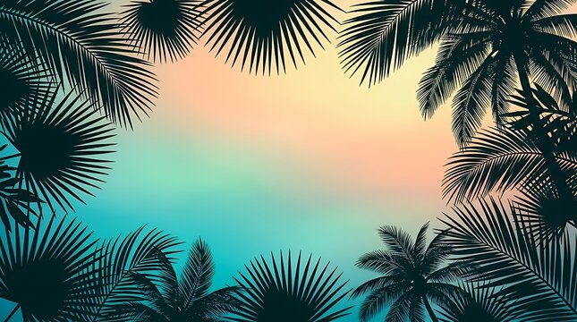 Silhouette of tropical palm fronds creating a natural border frame over a soft vibrant ocean breeze gradient mesh palm tree branch frond leaf silhouette border frame edge tropical exotic nature