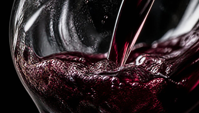 Closeup of red wine being poured into a glass, creating dynamic splashes and ripples with deep, rich colors and dramatic lighting against a dark background