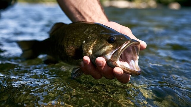 Fisherman gently holding a freshly caught smallmouth bass by the mouth in clear, flowing freshwater, practicing catch and release during a warm summer day