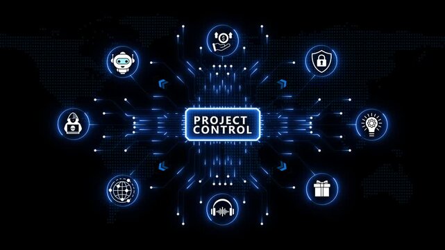 Project Control strategy theme surrounded by glowing radial technical icons and blue circuit lines over an abstract dark world map backdrop.
