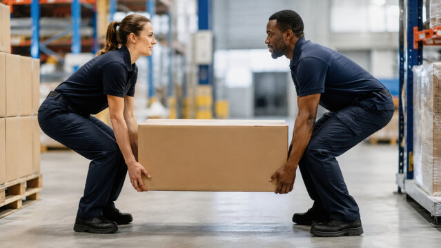 Warehouse crew lifting cardboard box together in industrial storage facility with focused teamwork and safe manual handling technique