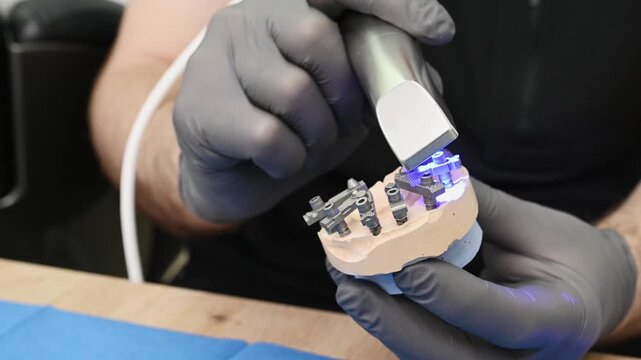 A dental technician uses a 3D optical scanner to digitize a physical dental model, transferring precise three-dimensional data to a computer for digital dental design and CAD CAM manufacturing no face