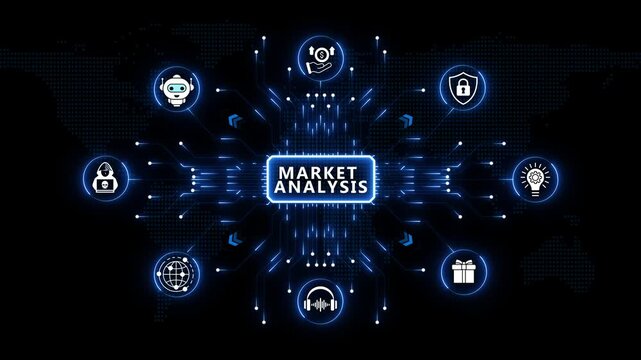 Market Analysis research framework featuring radial glowing technical icons and blue light nodes over an abstract dark world map cyberspace scene.