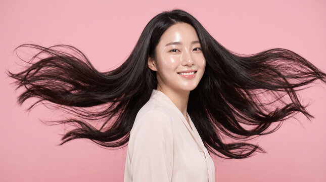 Smiling asian woman with long flowing black hair on pink background