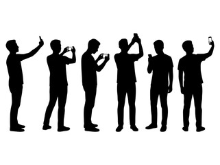 Obraz premium Black silhouette people using smartphones, group of men taking photos and selfies, mobile phone user vector set for technology concepts