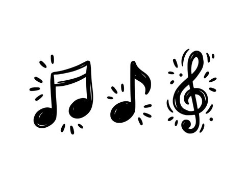 Hand-drawn music notes vector set, black ink musical symbols and treble clef, doodle style sound icons for creative design