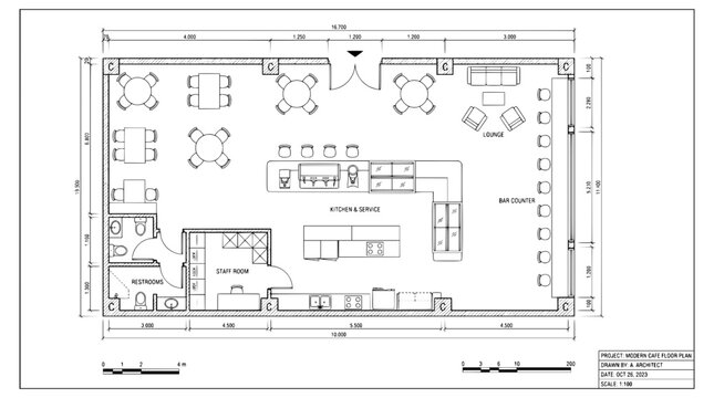Architectural floor plan of a modern restaurant and cafe, professional interior design blueprint with kitchen and seating layout