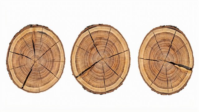 Three natural wood log slices with visible tree rings cross section material woodwork environment forestry