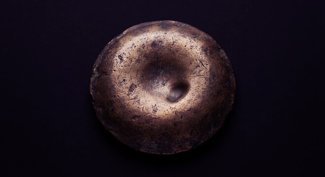 Old aged scratched brass upholstery tack nail head on dark background room